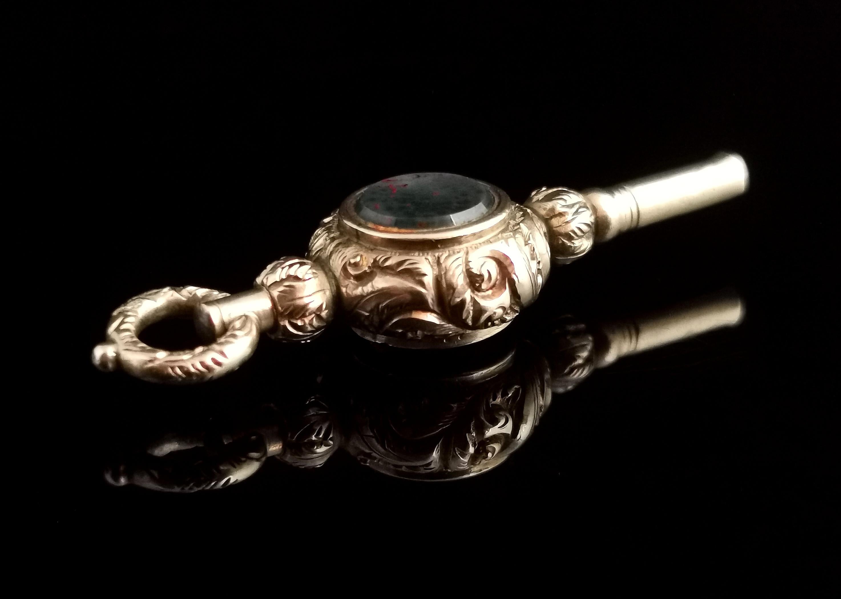 Women's or Men's Antique Georgian 9k Gold Watch Key, Pendant, Amethyst and Bloodstone