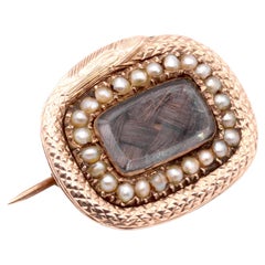 Antique Georgian 9K Yellow Gold Ouroboros Pearl Mourning Locket Brooch