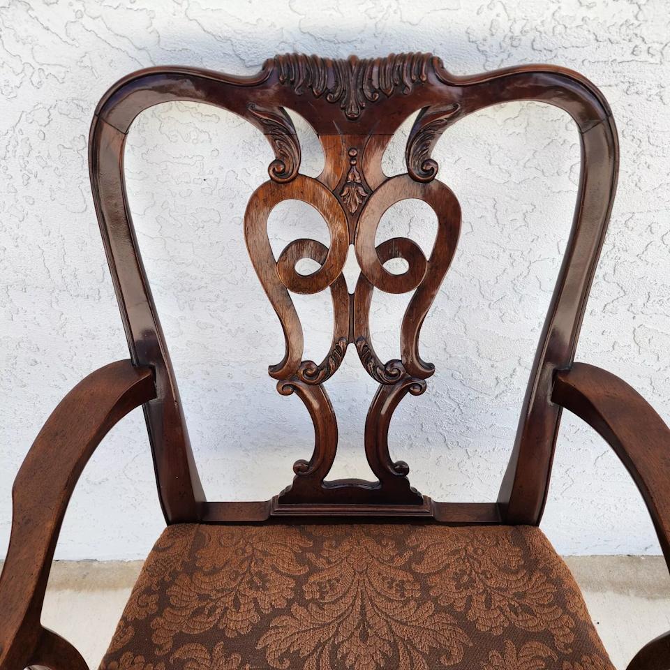 For FULL item description click on CONTINUE READING at the bottom of this page.

Offering One Of Our Recent Palm Beach Estate Fine Furniture Acquisitions Of A
Antique 1940s English Georgian Style Carved Mahogany Accent Desk Dining Armchair