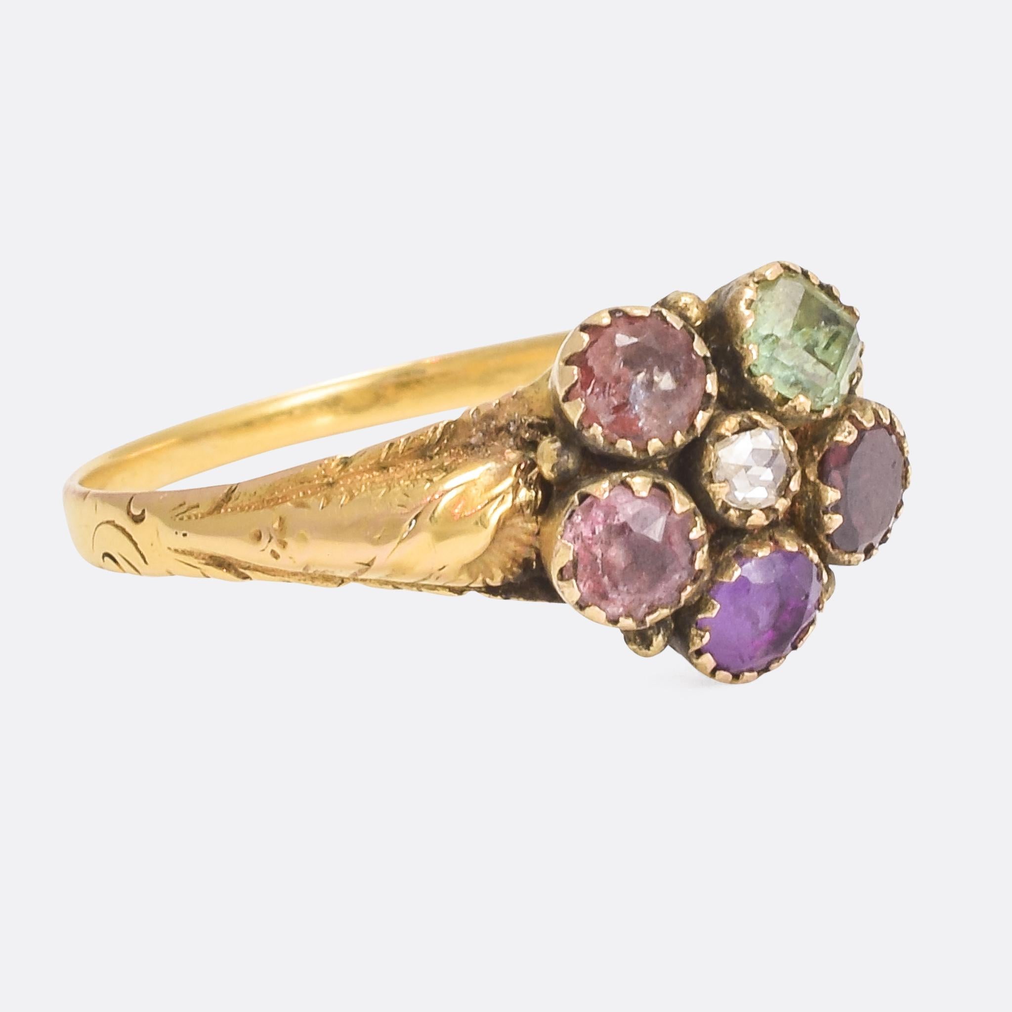 An exceptional Georgian acrostic ring, the first letter of each gemstone spells out the popular romantic sentiment REGARD. The ring dates from the early 19th Century, circa 1820, fully original with stone set in a Pansy Flower formation. these rings