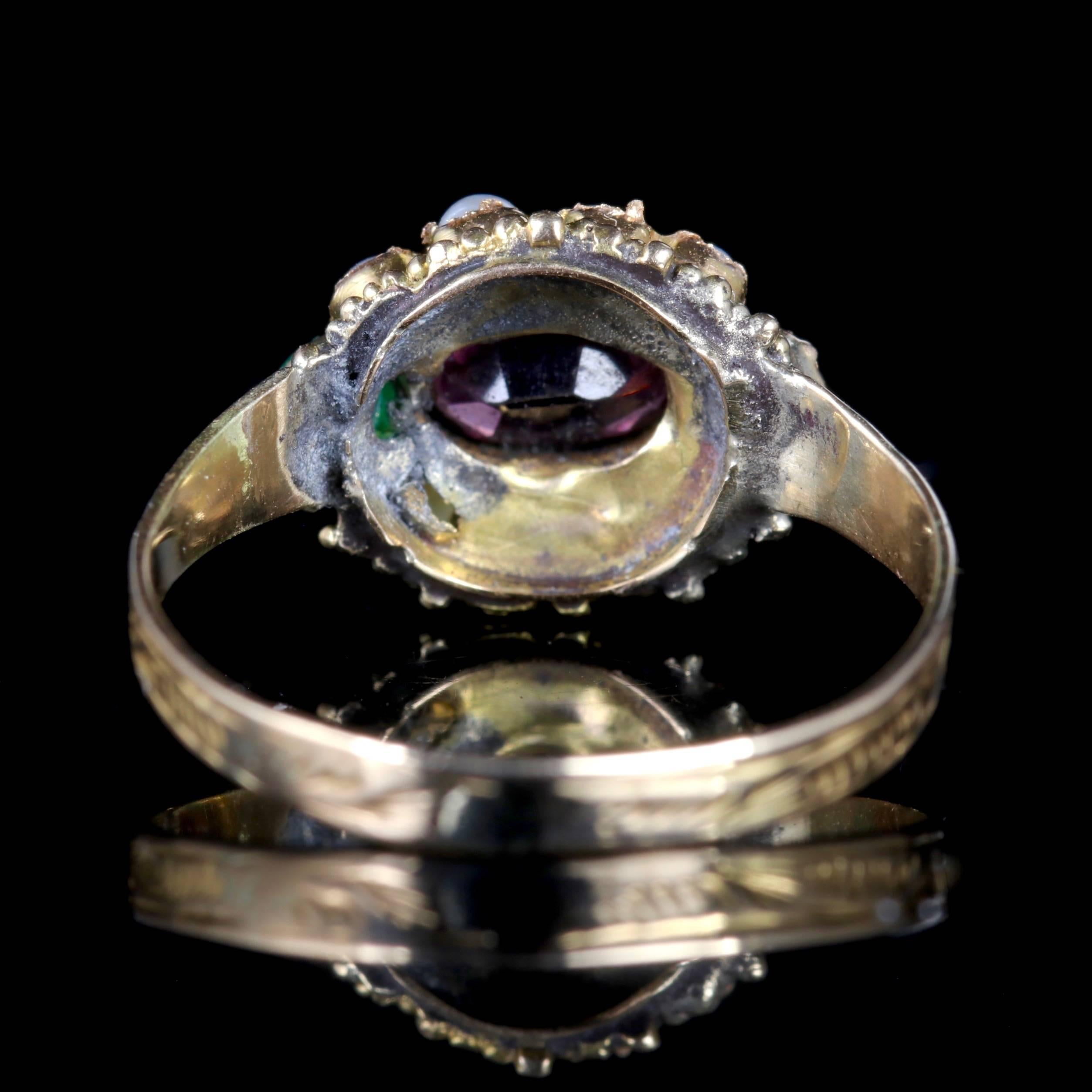 Antique Georgian Almandine Garnet Emerald Pearl Ring 18 Carat Gold, circa 1800 In Excellent Condition In Lancaster, Lancashire