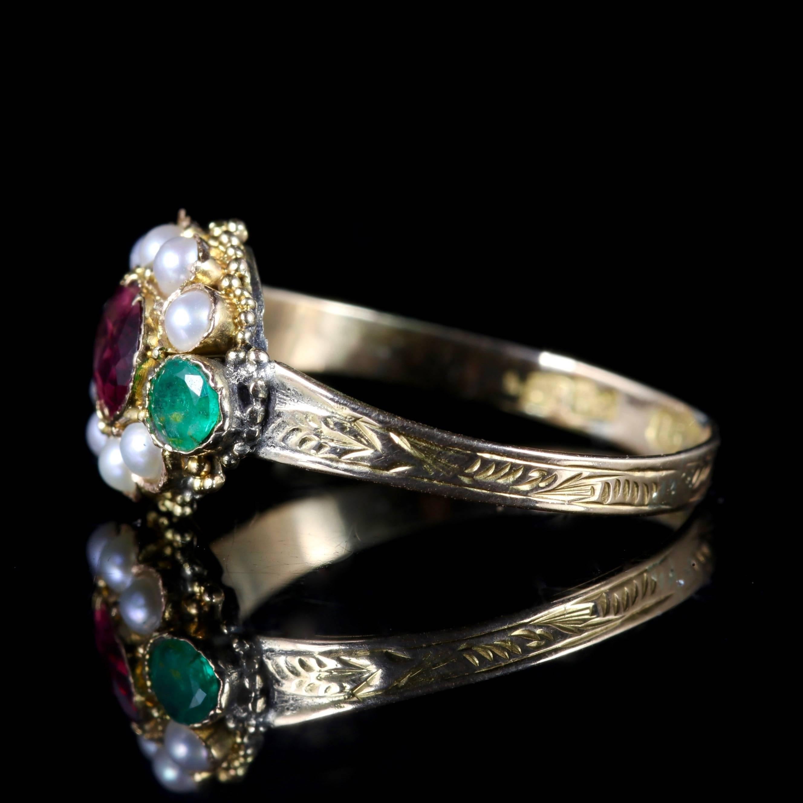 Women's Antique Georgian Almandine Garnet Emerald Pearl Ring 18 Carat Gold, circa 1800