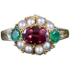 Antique Georgian Almandine Garnet Emerald Pearl Ring 18 Carat Gold, circa 1800