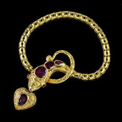 Antique Georgian Almandine Garnet Snake 18 Carat Gold Heart Locket Bracelet