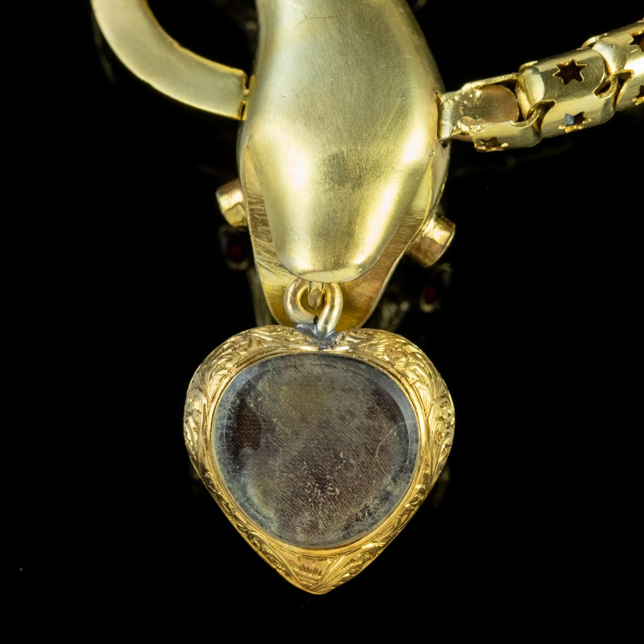 Antique Georgian Almandine Garnet Snake 18 Carat Gold Heart Locket Bracelet For Sale 1
