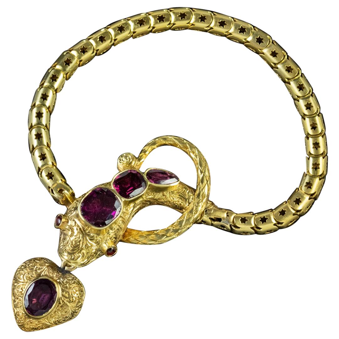 Antique Georgian Almandine Garnet Snake 18 Carat Gold Heart Locket Bracelet For Sale