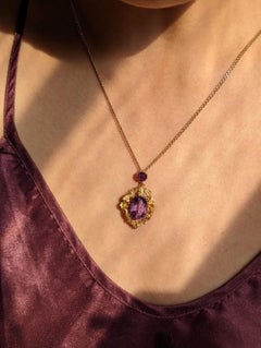 Antique Georgian Amethyst 12k Gold Drop Pendant Repoussé Cannetille Flower