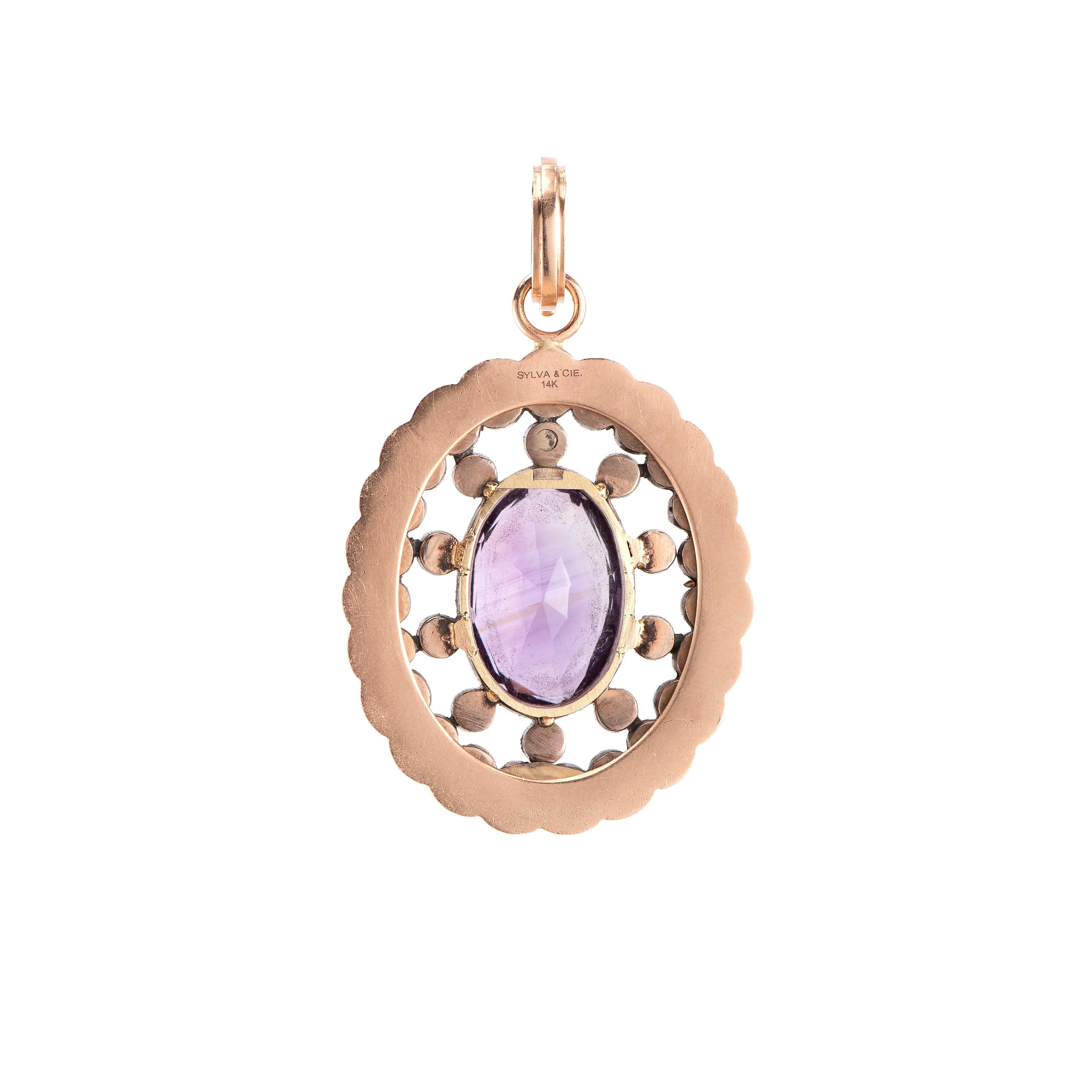 This is an antique Georgian pin converted to a pendant with handmade 14k rose gold design and removable enhancer bale.  Diamond and Amethyst carat weights unknown.  Amethyst stone measure 3 x 9mm oval.  

Los Angeles-based jewelry designer Sylva