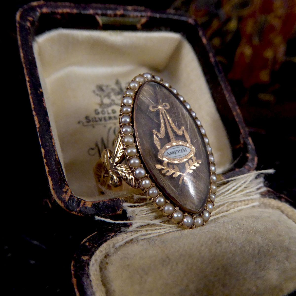 Antique Georgian Amitie Marquise Shaped Seed Pearl Memorial Ring in Gold 5