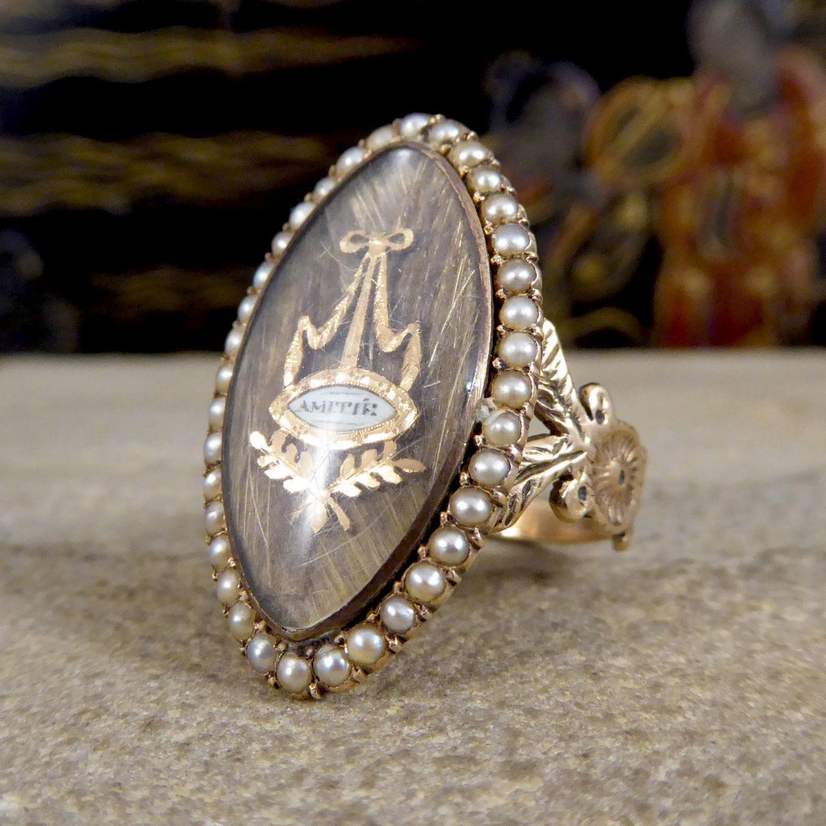 Women's or Men's Antique Georgian Amitie Marquise Shaped Seed Pearl Memorial Ring in Gold
