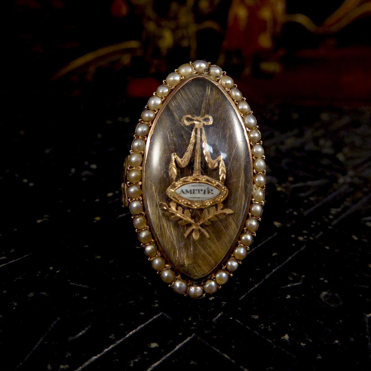 Antique Georgian Amitie Marquise Shaped Seed Pearl Memorial Ring in Gold 3