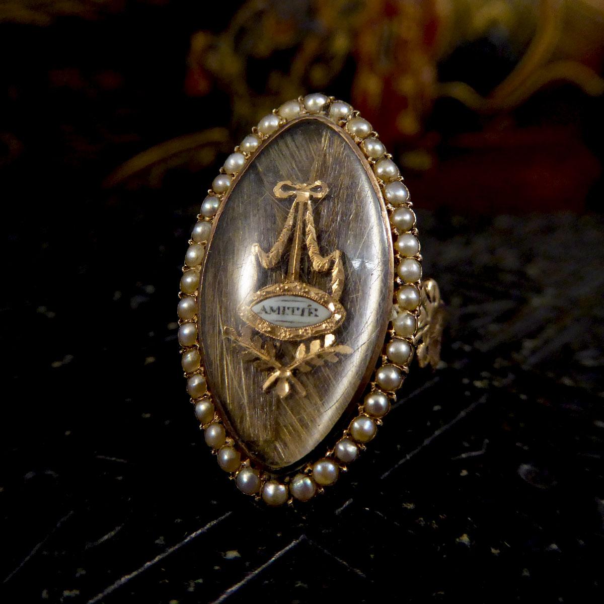 Antique Georgian Amitie Marquise Shaped Seed Pearl Memorial Ring in Gold 4