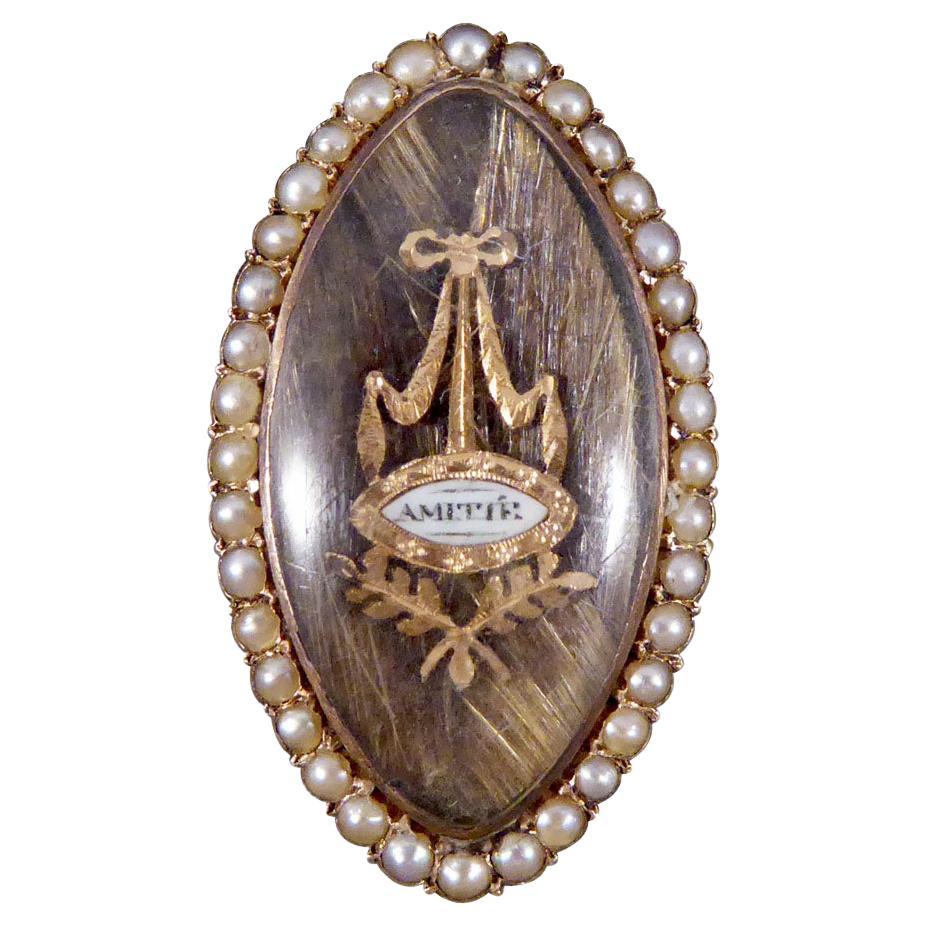 Antique Georgian Amitie Marquise Shaped Seed Pearl Memorial Ring in Gold