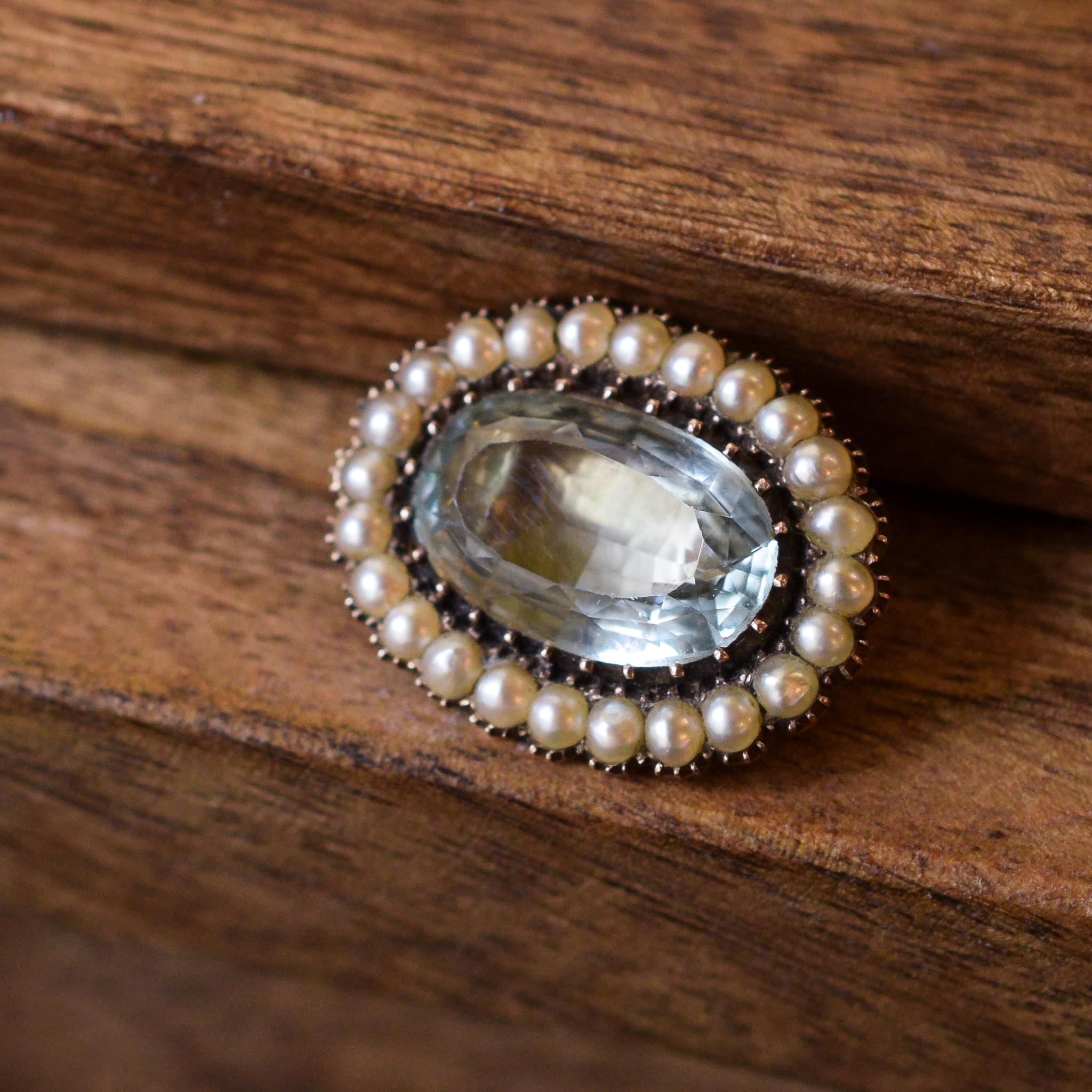 Antique Georgian Aquamarine Pearl Oval Brooch 1
