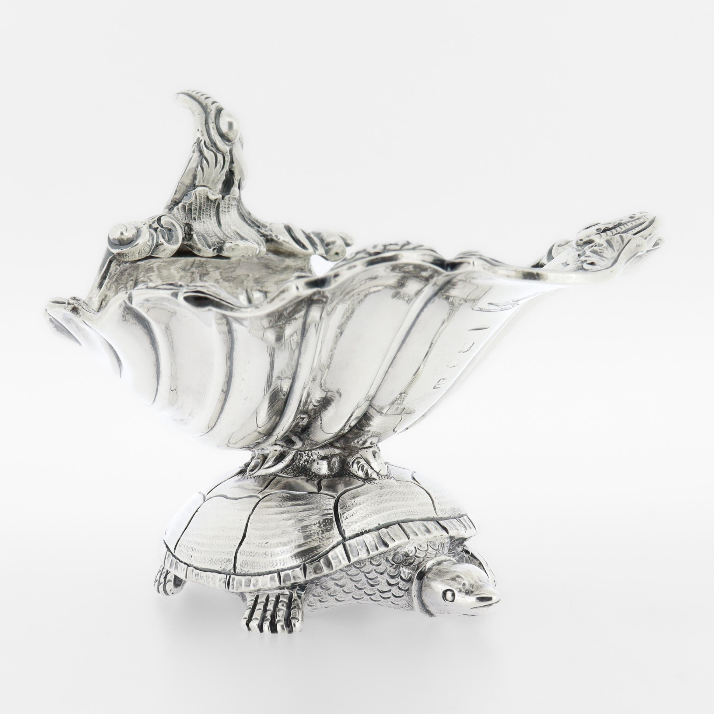 Early 19th Century Antique Georgian Armorial Sterling Silver Turtle & Shell Sweetmeat / Salt Cellar For Sale