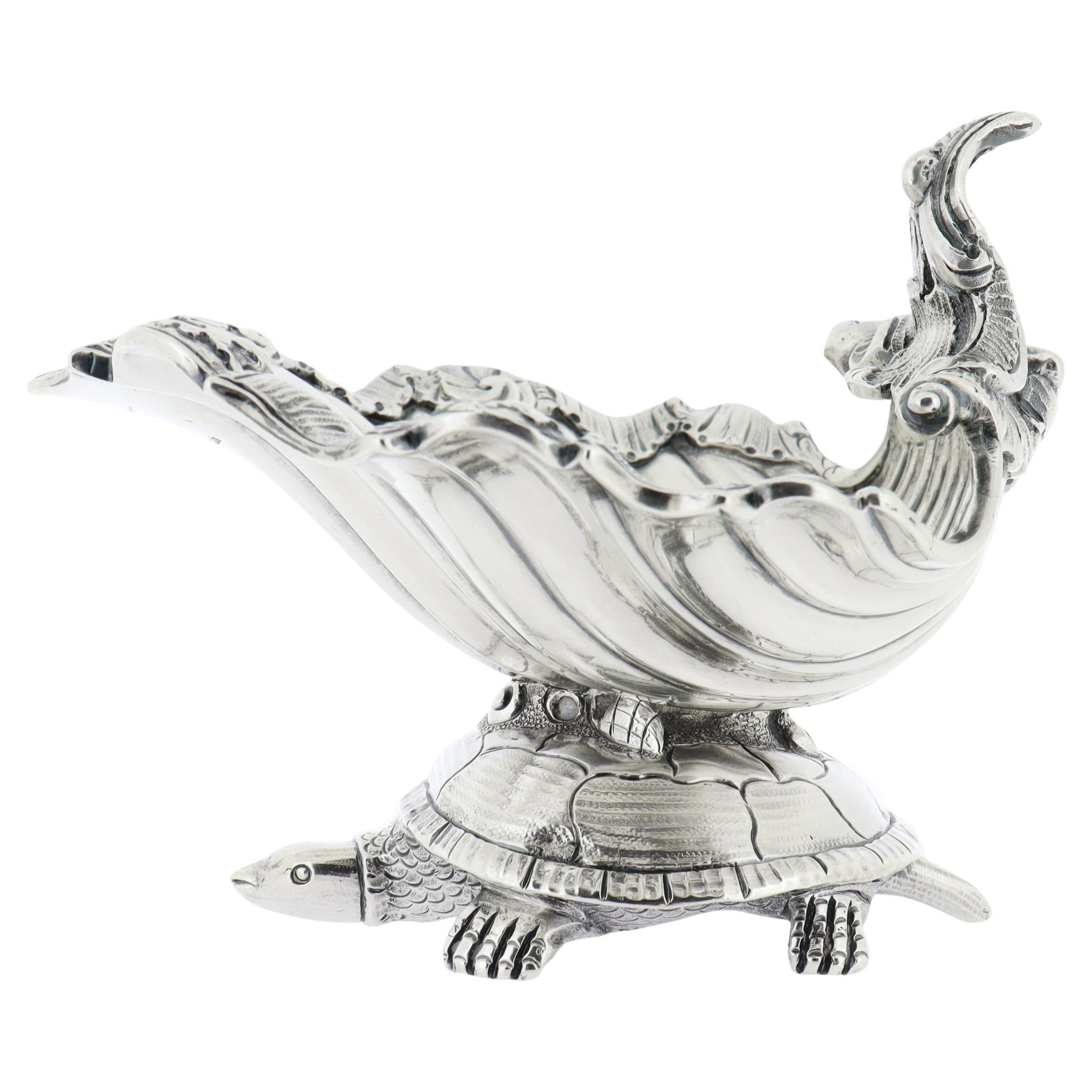 Antique Georgian Armorial Sterling Silver Turtle & Shell Sweetmeat / Salt Cellar For Sale