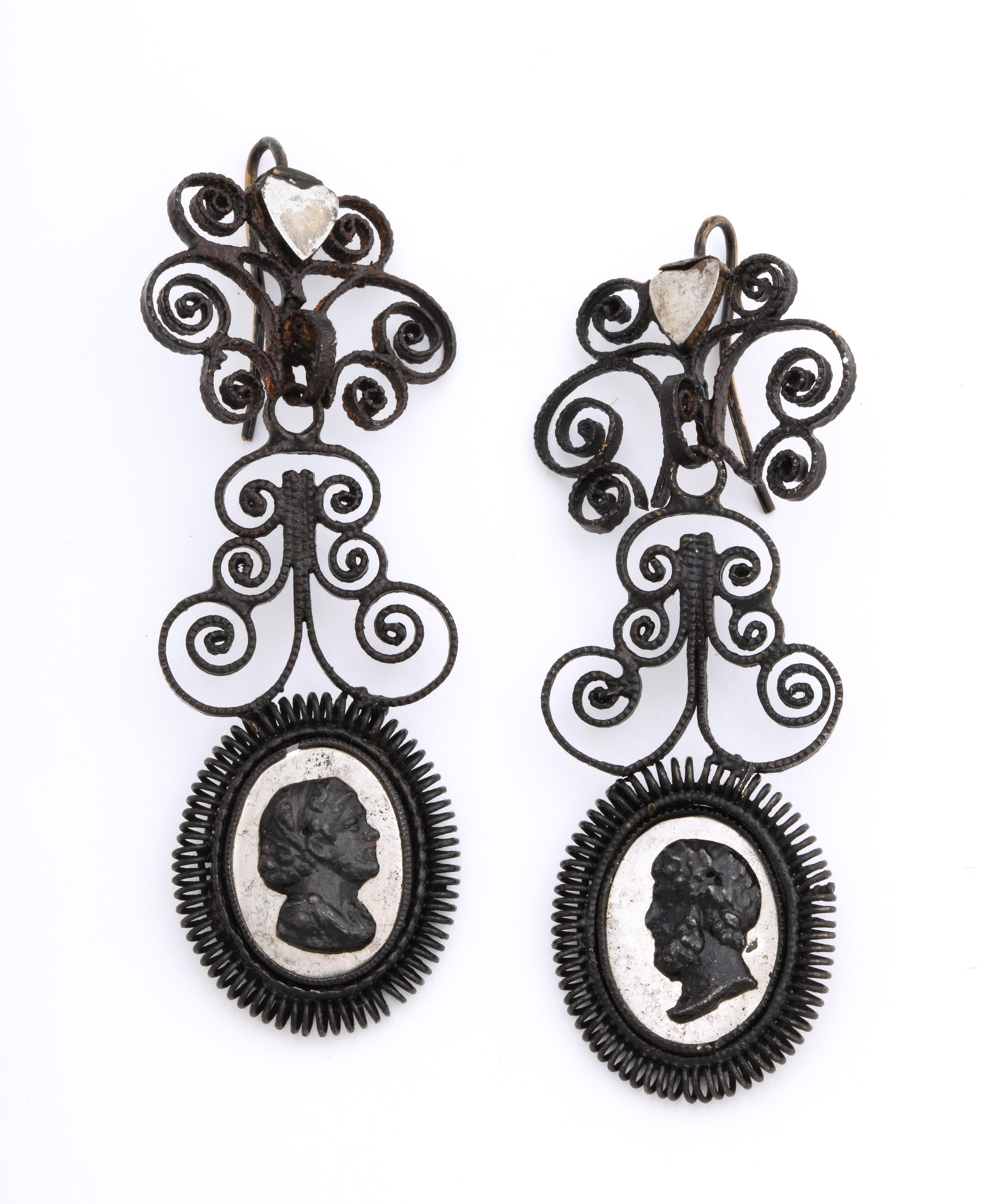 Happy Birthday to these fabulous earrings that are 200 years old this year. Berlin Iron jewelry in excellent condition is rare, even in the museums of the world. The earrings are in three sections, the top two being frilly fine spirals of iron with