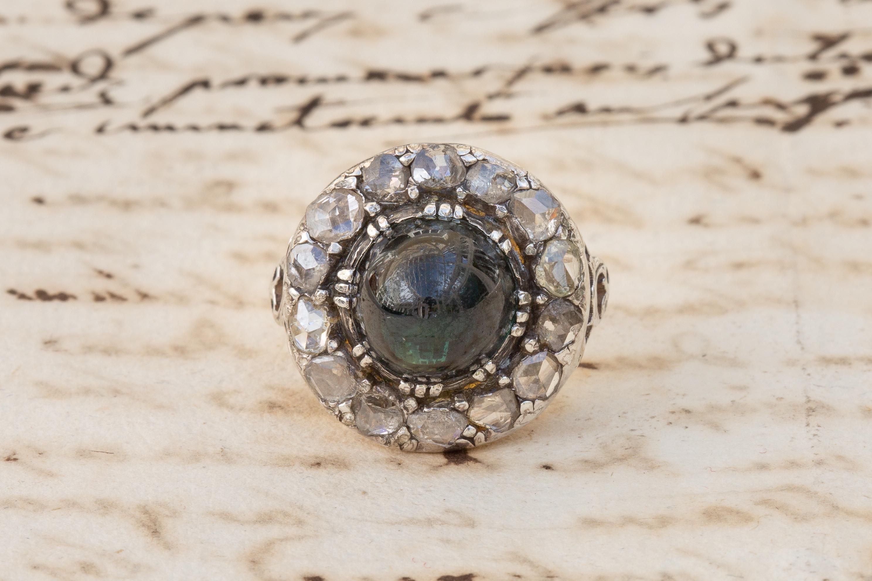 Antique Georgian Bi-Colour Green Sapphire and Rose Cut Diamond Gold Cluster Ring For Sale 6