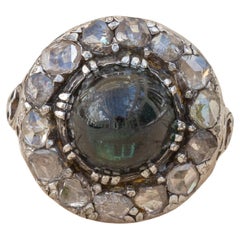 Antique Georgian Bi-Colour Green Sapphire and Rose Cut Diamond Gold Cluster Ring