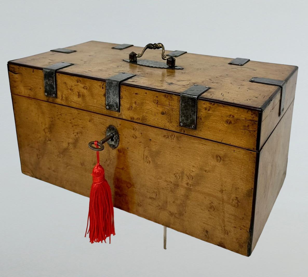 A Superb Example of an English Georgian Period Well figured Birds Eye Maple Double Interior Section Tea Caddy of flat rectangular outline, generous proportions and outstanding quality with very unusual polished pewter strap detailing. all areas are
