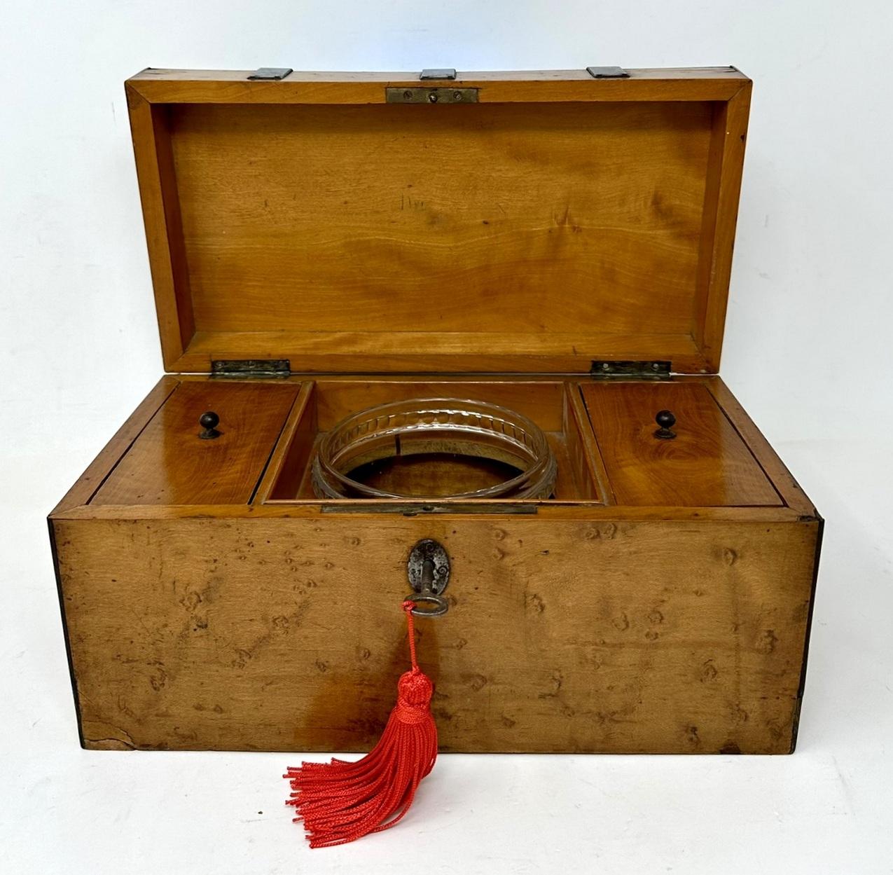 19th Century Antique Georgian Birdseye Maple English Double Tea Caddy Box Cut Crystal Bowl   For Sale