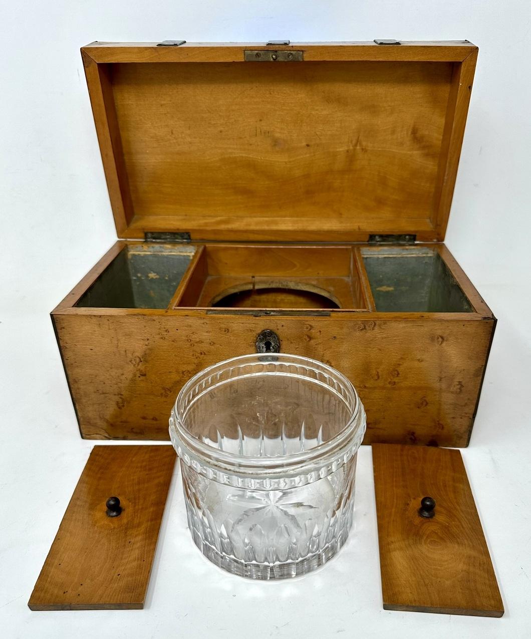Brass Antique Georgian Birdseye Maple English Double Tea Caddy Box Cut Crystal Bowl   For Sale