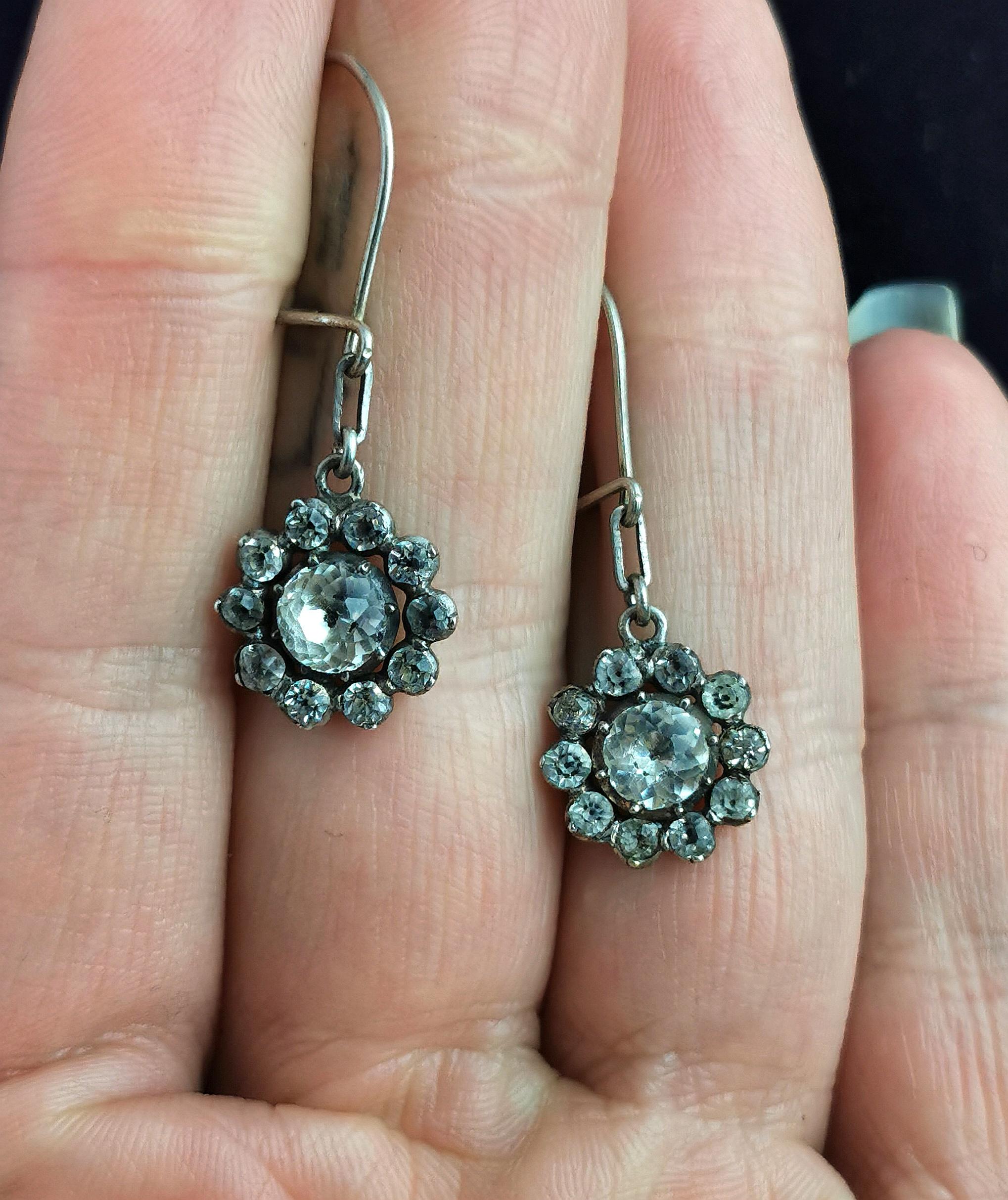 Antique Georgian Black Dot Paste Flower Earrings, Sterling Silver 6