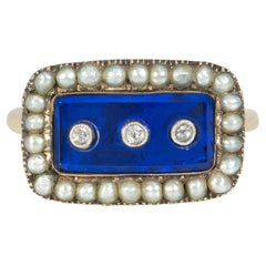 Antique Georgian Blue Enamel, Seed Pearl, and Diamond Petite Plaque Ring 