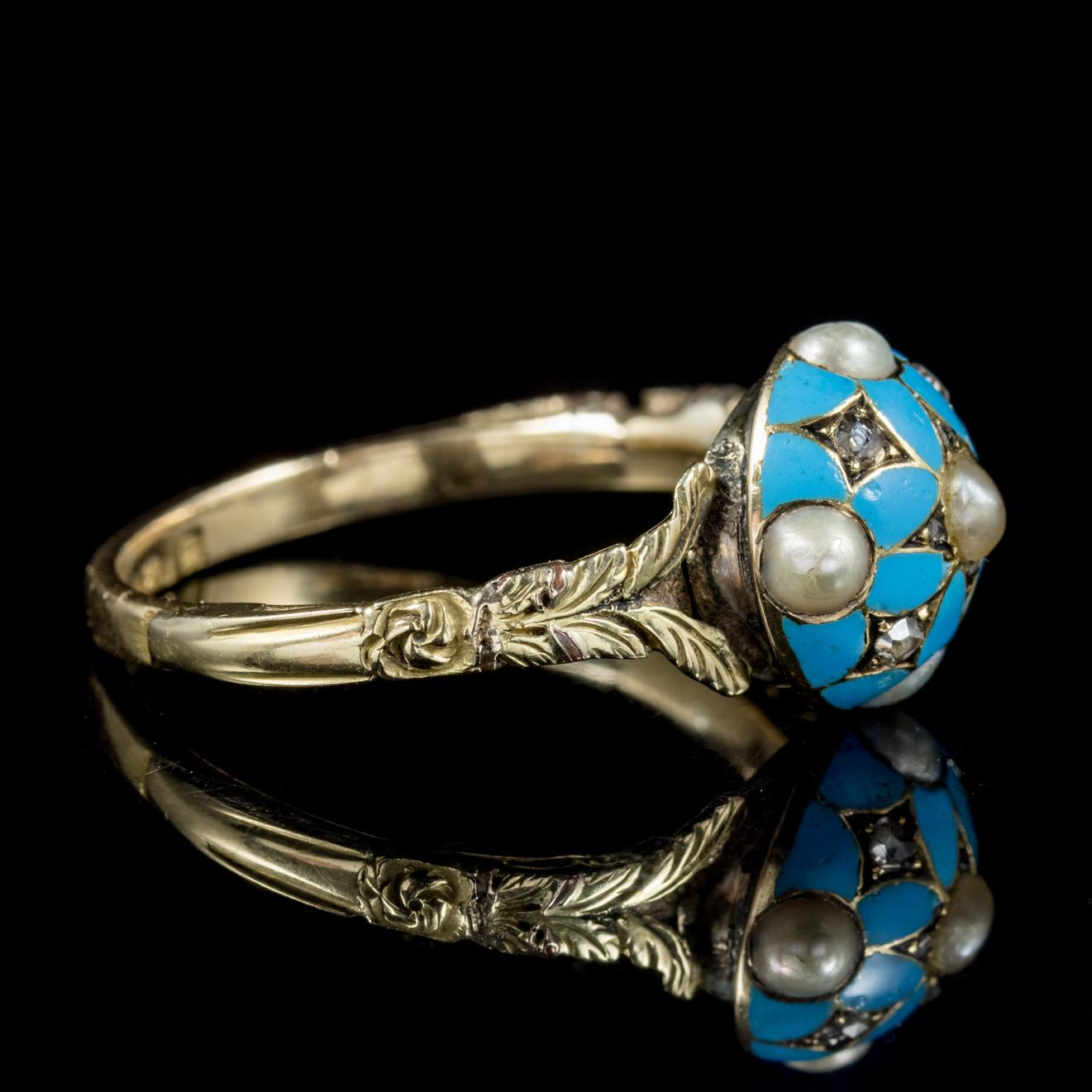 Women's Antique Georgian Blue Forget Me Not Pearl Diamond Ring Dated 1801