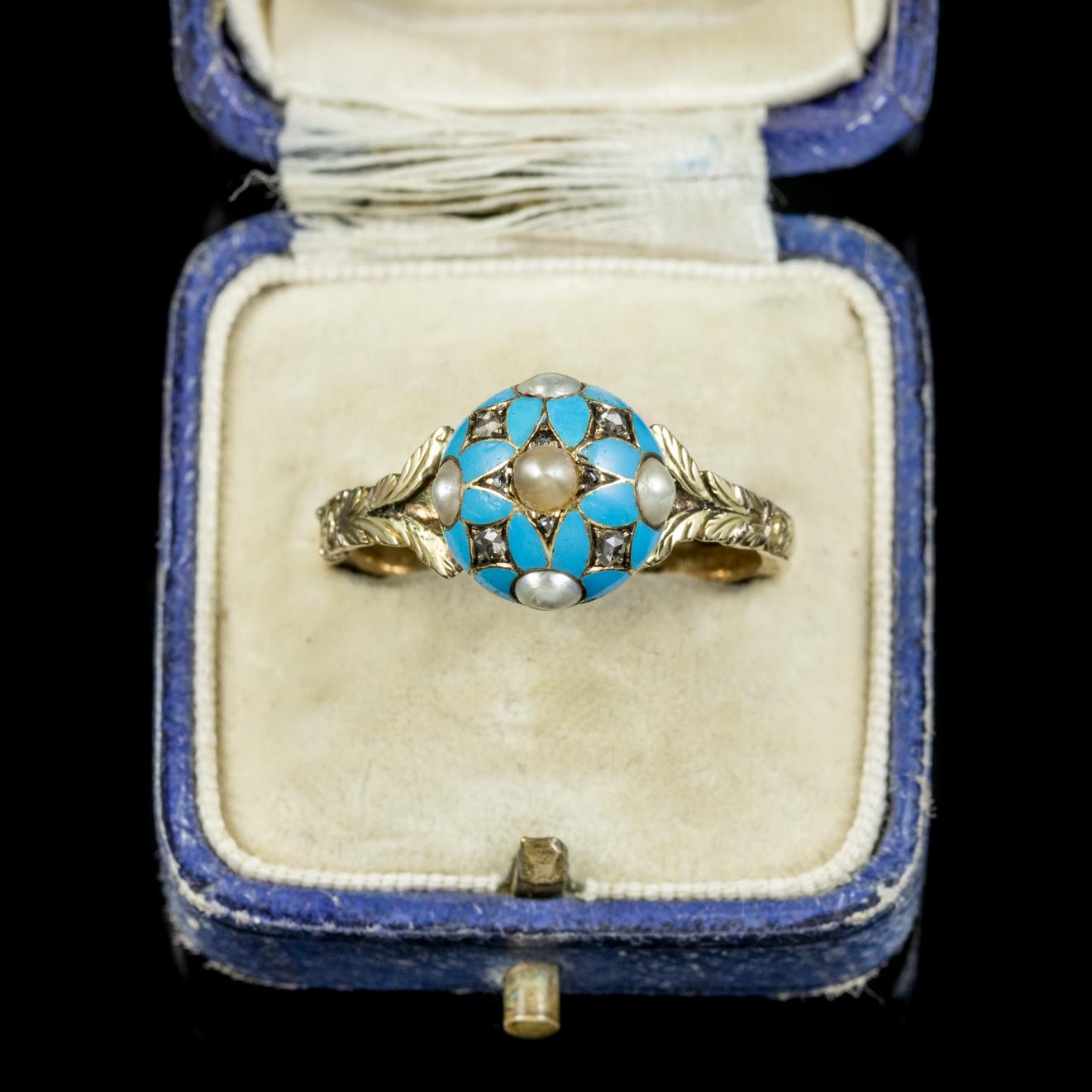 Antique Georgian Blue Forget Me Not Pearl Diamond Ring Dated 1801 3