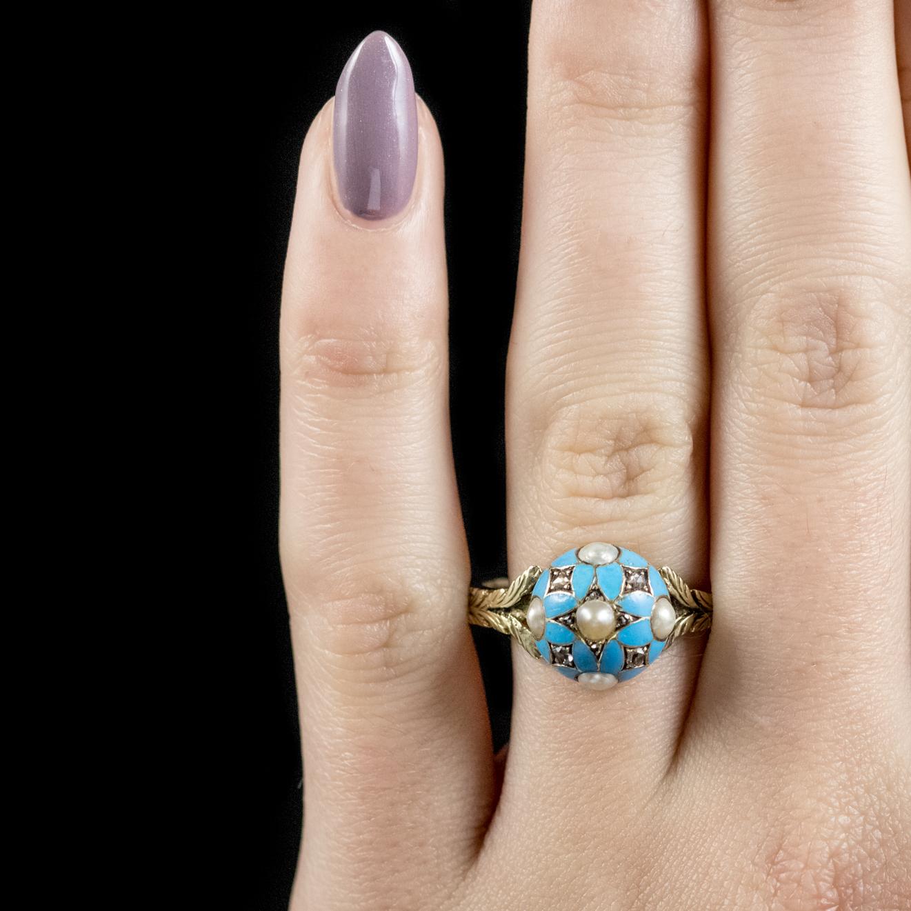 Antique Georgian Blue Forget Me Not Pearl Diamond Ring Dated 1801 4
