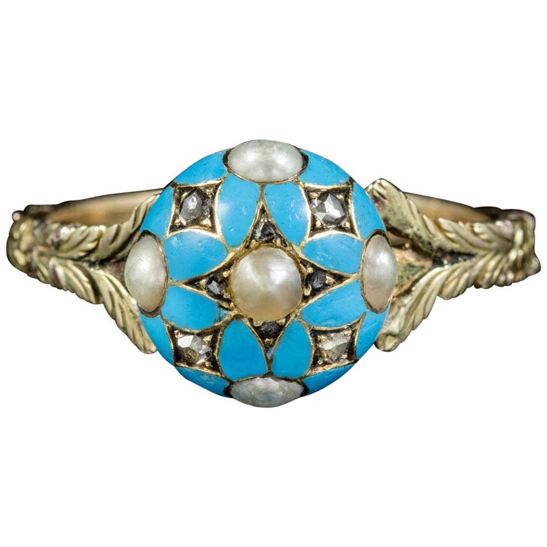 Antique Georgian Blue Forget Me Not Pearl Diamond Ring Dated 1801