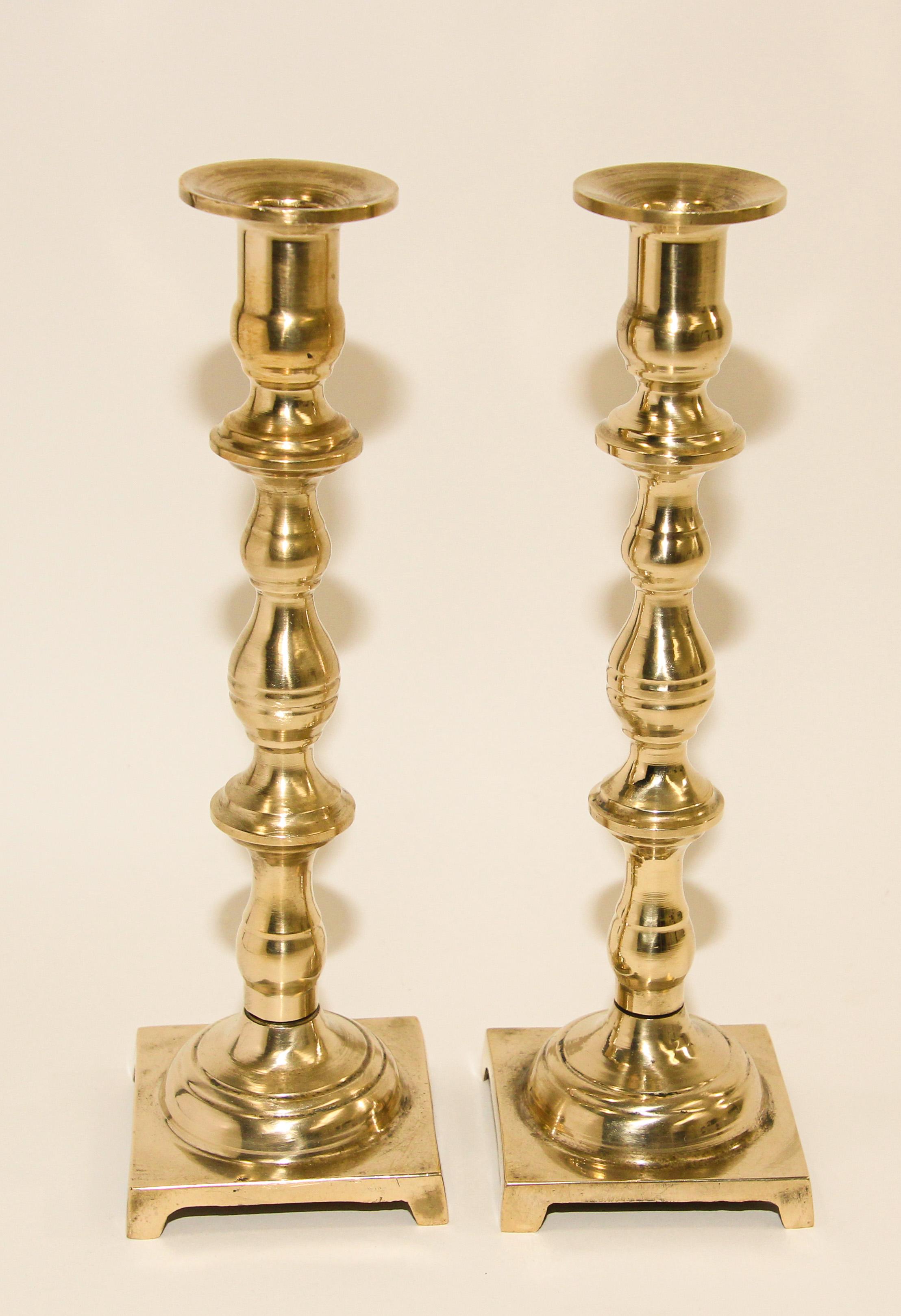 Antique Georgian Brass Candlesticks with Square Base a Pair For Sale 4