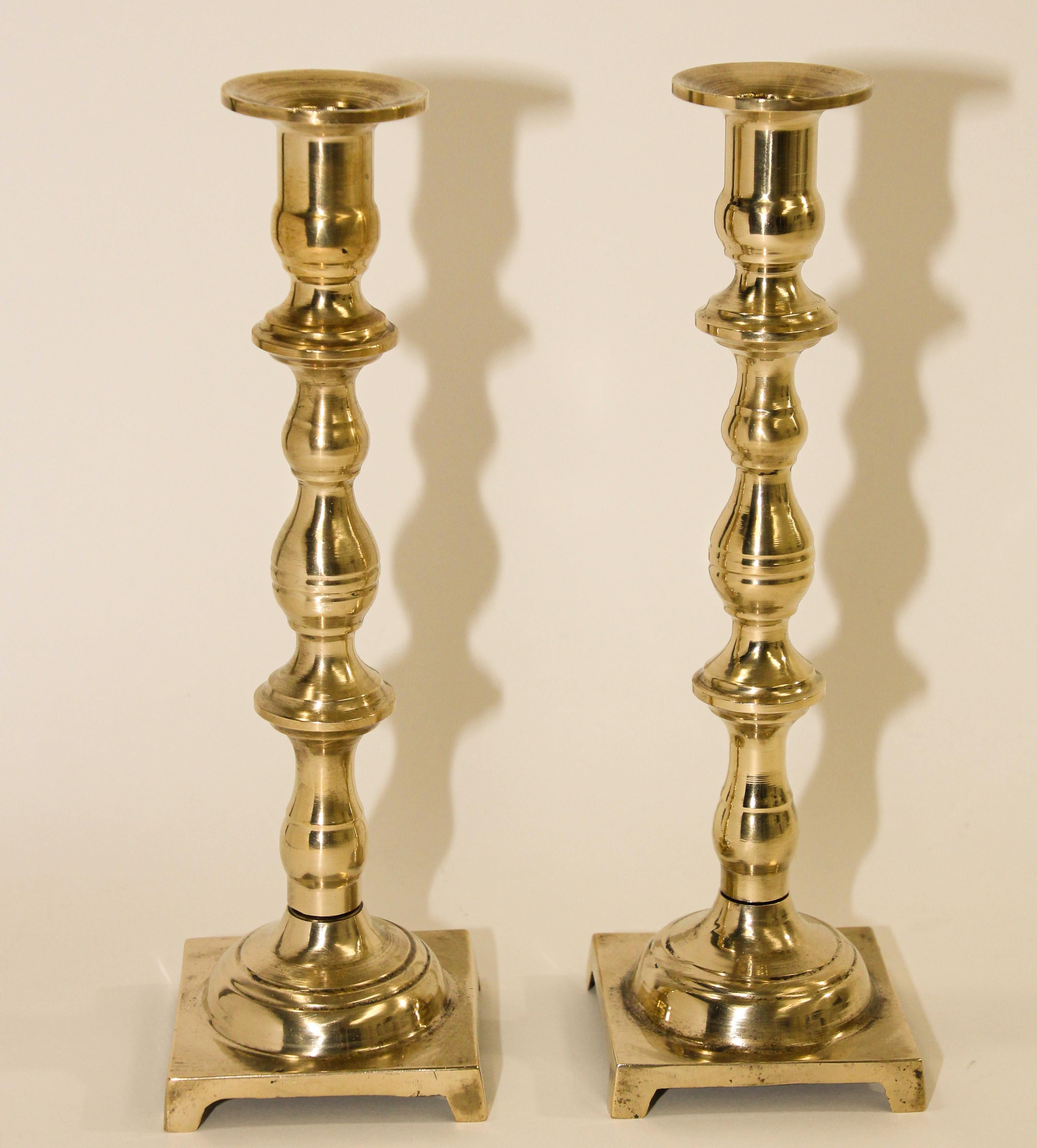 Antique Georgian Brass Candlesticks with Square Base a Pair For Sale 5