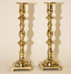 Antique Georgian Brass Candlesticks with Square Base a Pair