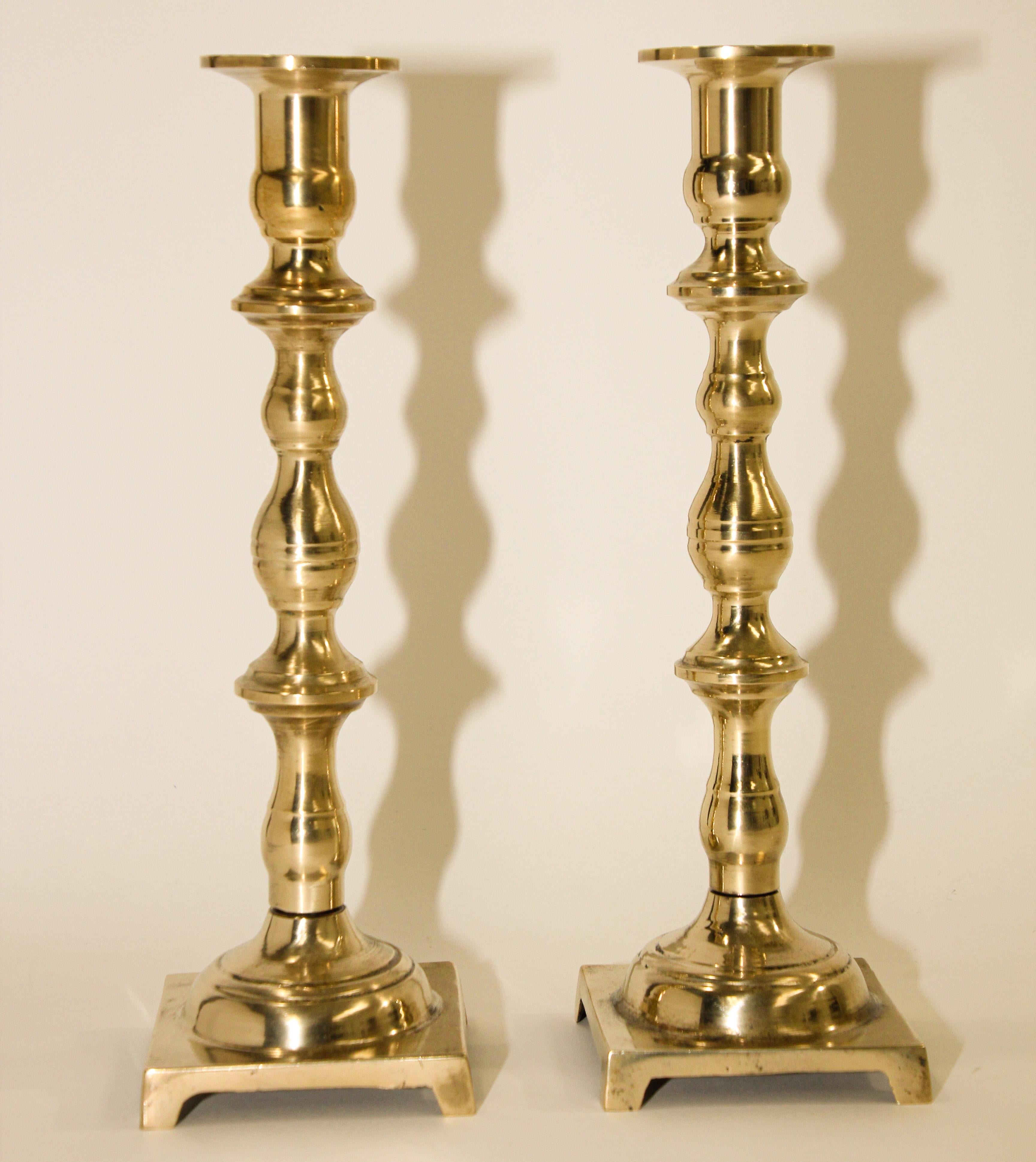 British Antique Georgian Brass Candlesticks with Square Base a Pair For Sale
