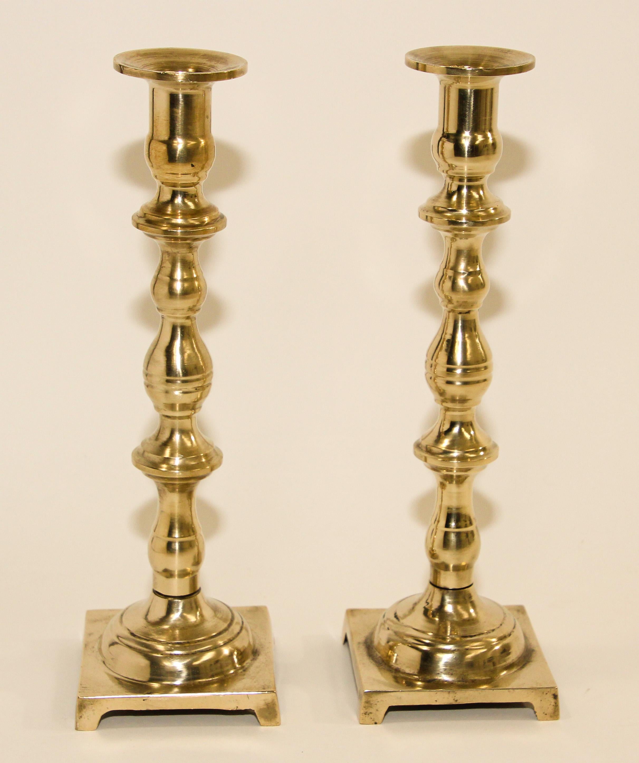 Hand-Crafted Antique Georgian Brass Candlesticks with Square Base a Pair For Sale