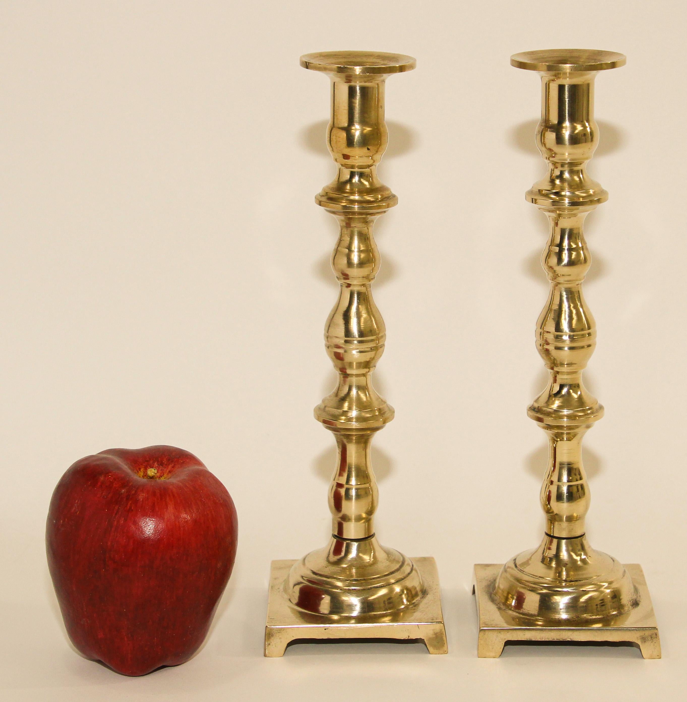 Antique Georgian Brass Candlesticks with Square Base a Pair For Sale 2