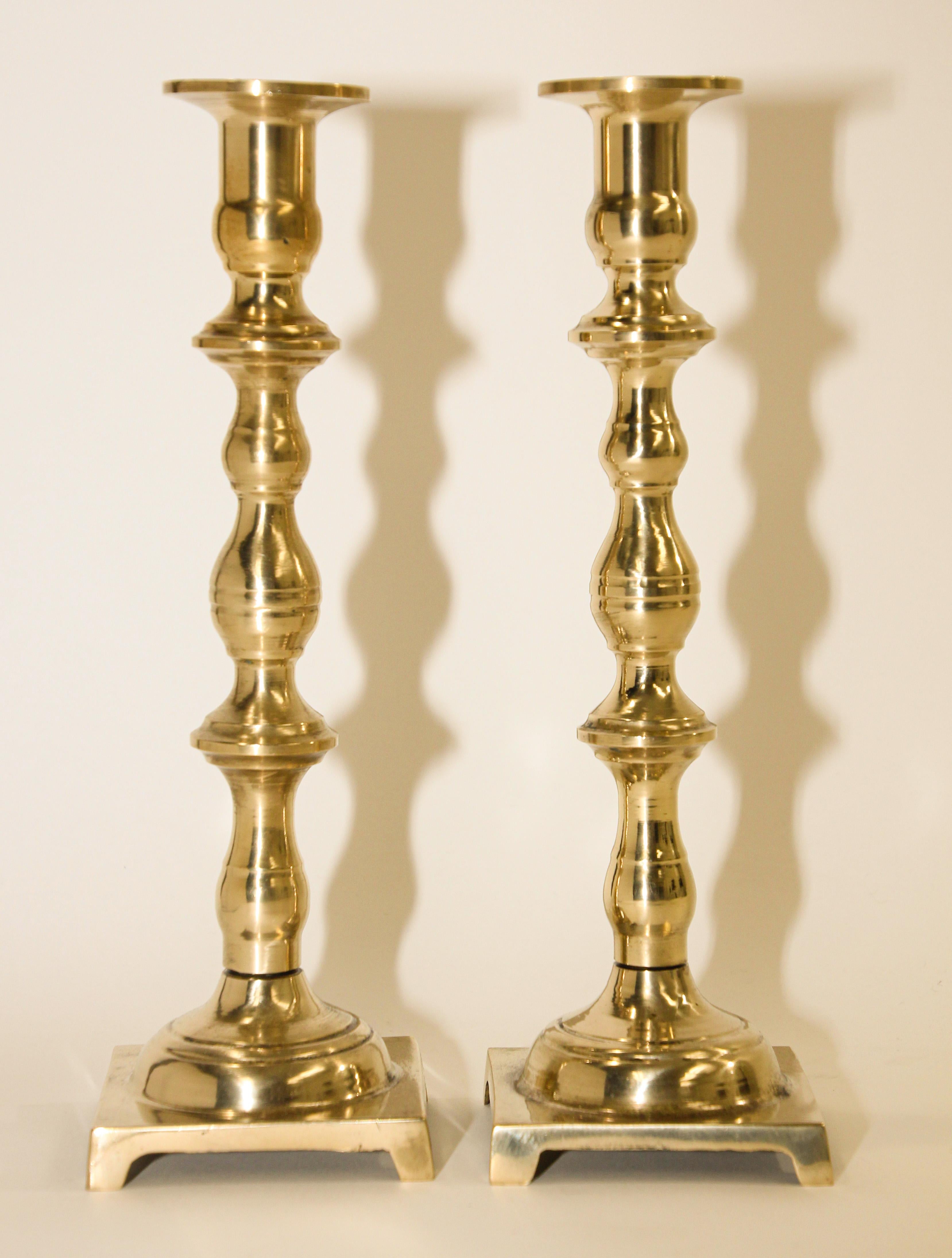 Antique Georgian Brass Candlesticks with Square Base a Pair For Sale 3