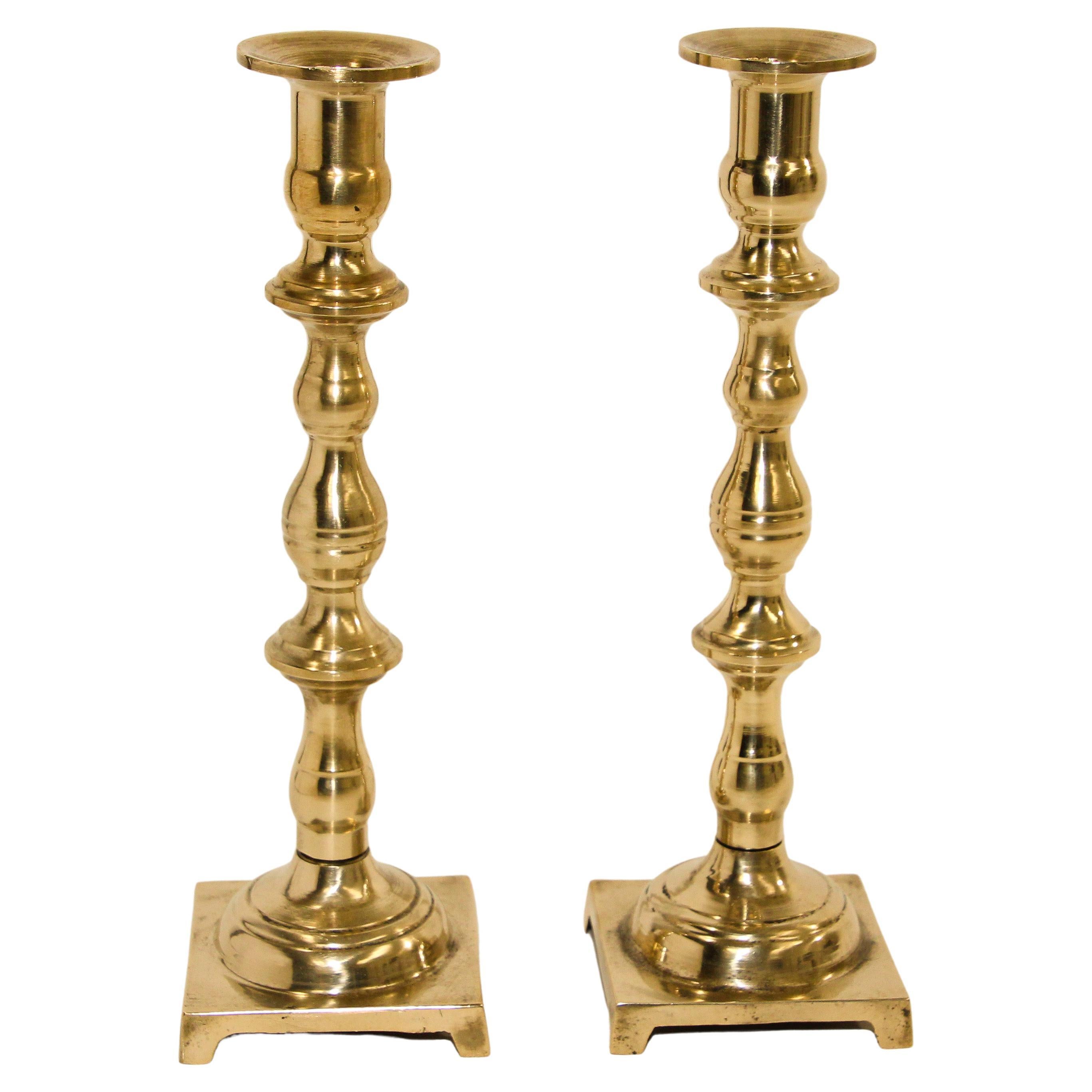 Antique Georgian Brass Candlesticks with Square Base a Pair For Sale