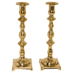 Antique Georgian Brass Candlesticks with Square Base a Pair