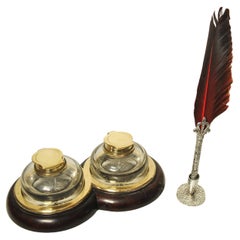 Antique Georgian Brass Mounted Double Inkwell Stand With Two Hand-Blown Inkwells