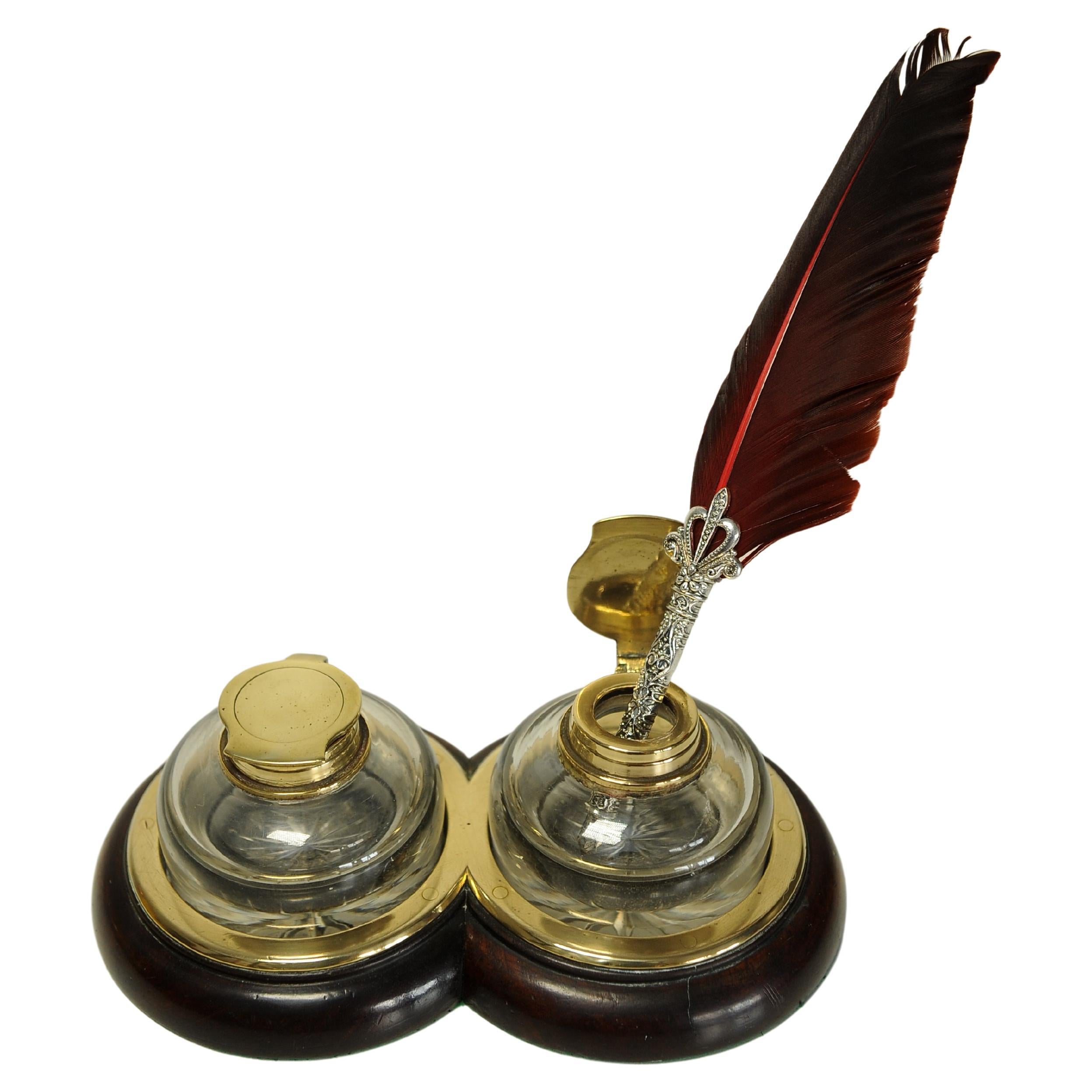 British Antique Georgian Brass Mounted Double Inkwell Stand With Two Hand-Blown Inkwells For Sale