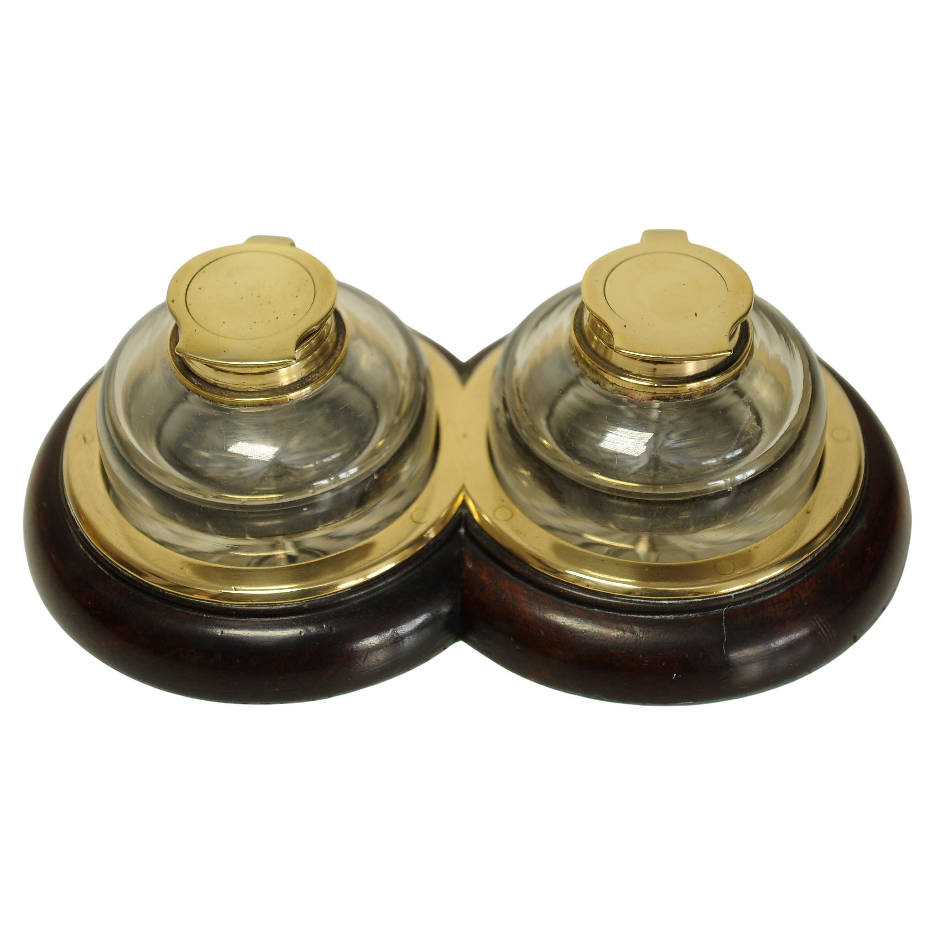 19th Century Antique Georgian Brass Mounted Double Inkwell Stand With Two Hand-Blown Inkwells For Sale