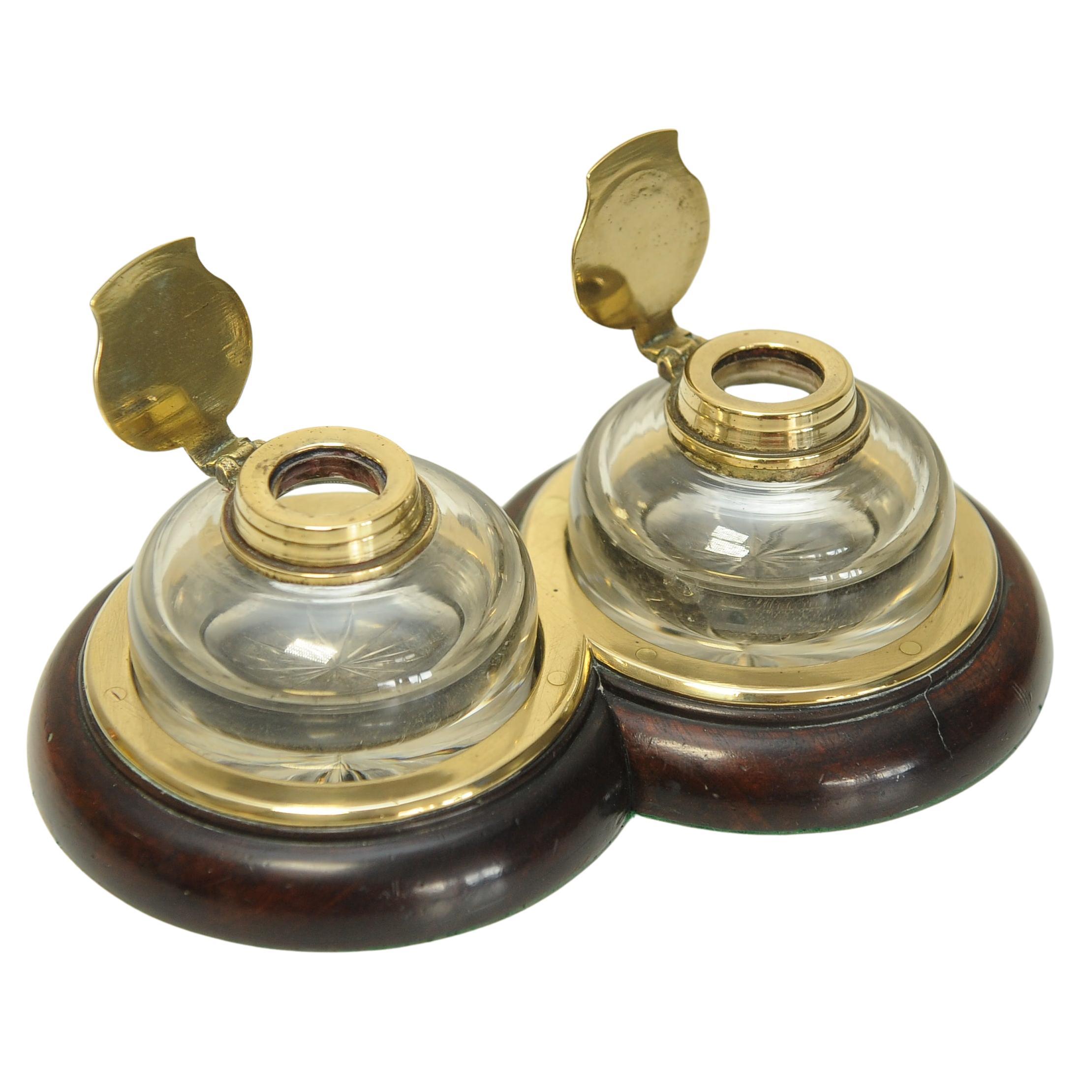 Glass Antique Georgian Brass Mounted Double Inkwell Stand With Two Hand-Blown Inkwells For Sale