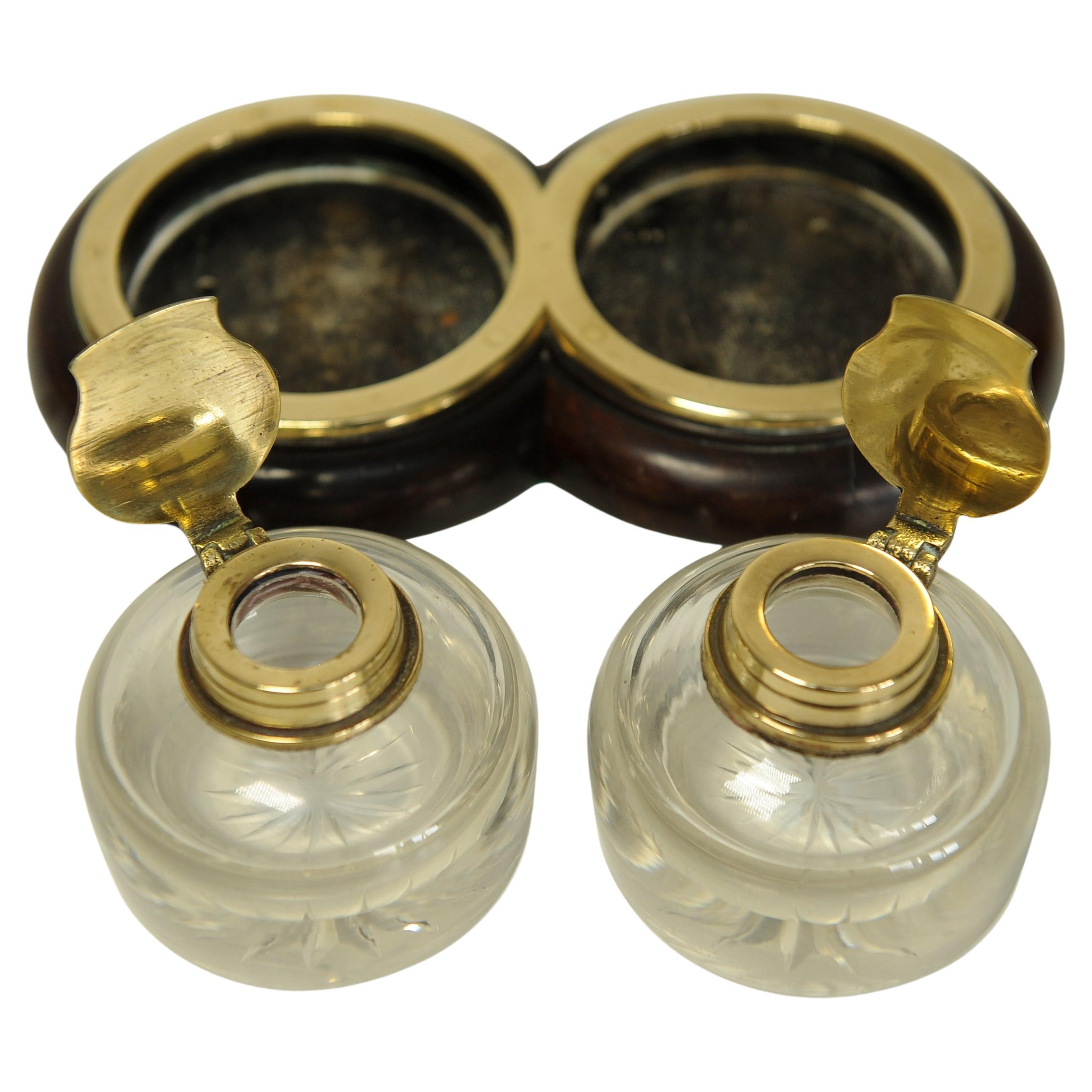 Antique Georgian Brass Mounted Double Inkwell Stand With Two Hand-Blown Inkwells For Sale 3