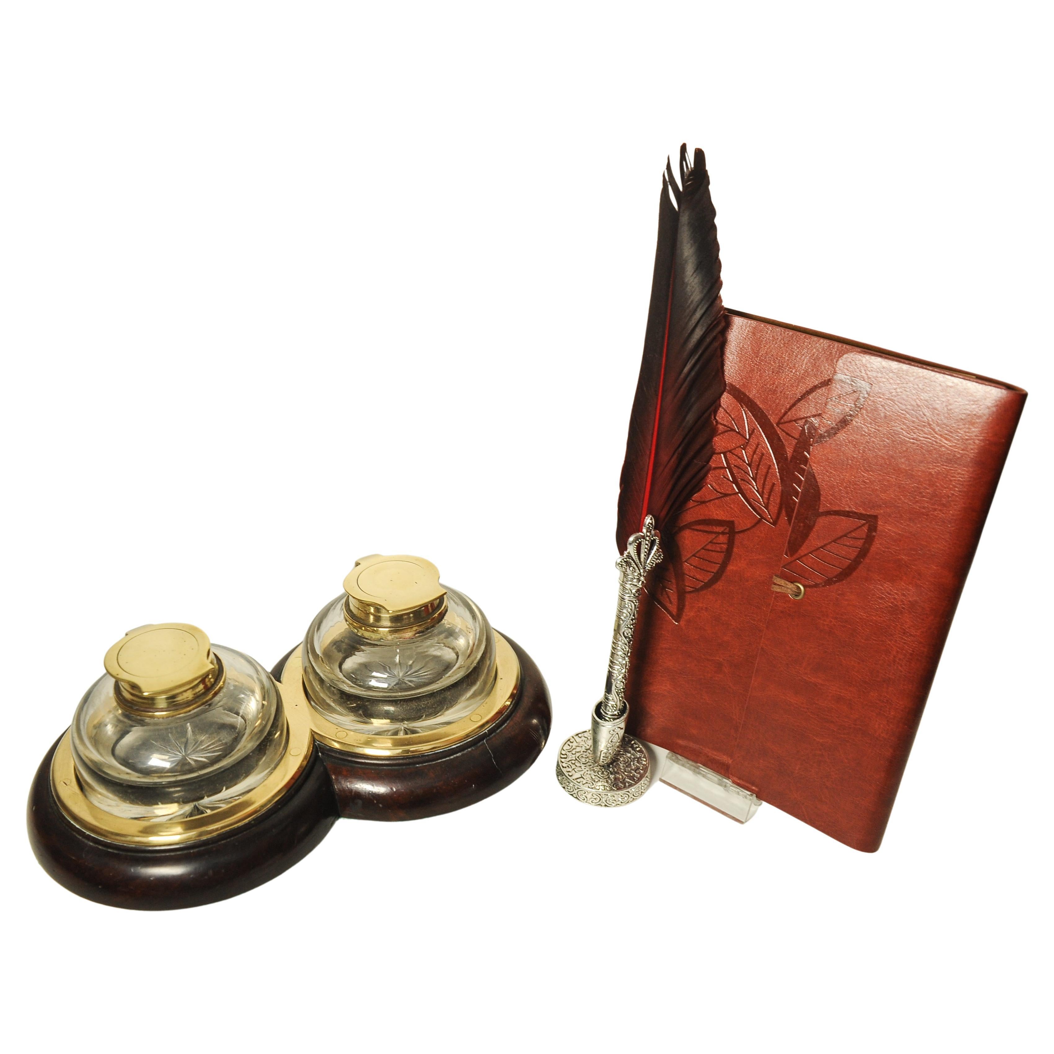 Antique Georgian Brass Mounted Double Inkwell Stand With Two Hand-Blown Inkwells