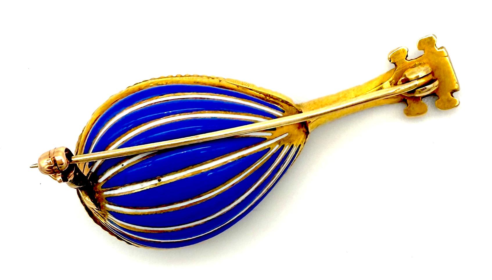 George IV Antique Georgian Brooch Mandolin 18K Gold Diamond Pearl Pale Blue Enamel For Sale