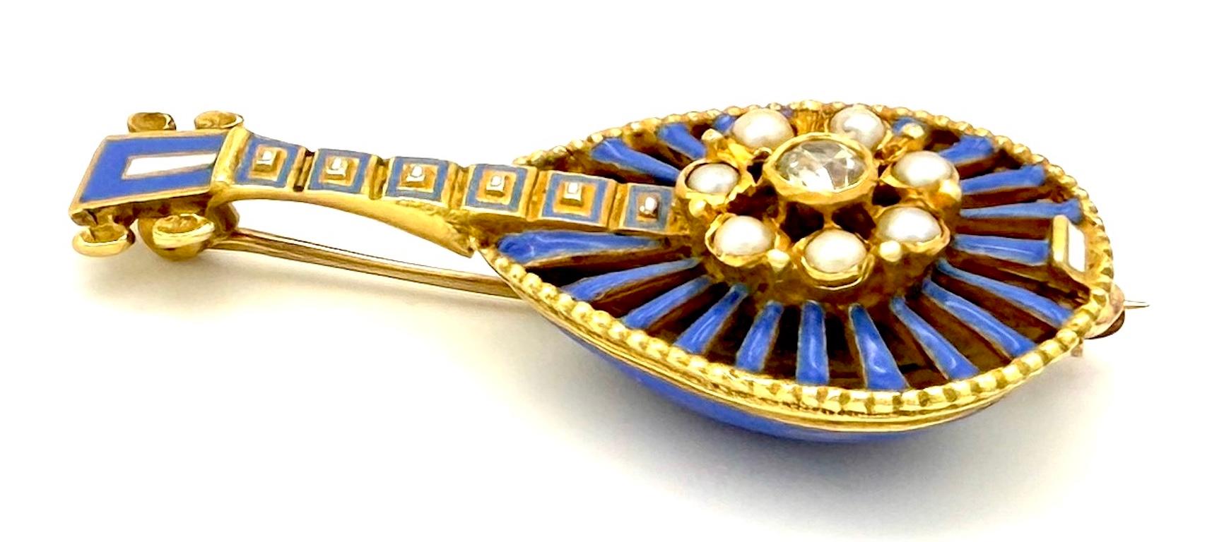 Round Cut Antique Georgian Brooch Mandolin 18K Gold Diamond Pearl Pale Blue Enamel For Sale