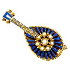Antique Georgian Brooch Mandolin 18K Gold Diamond Pearl Pale Blue Enamel